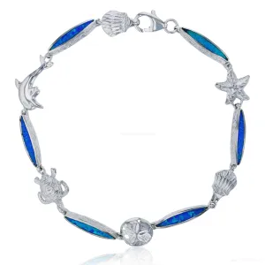Bijoux Du Soleil Sterling Silver Rhodium Marquise Shape Created Blue Opal Nautical Bracelet - 8"