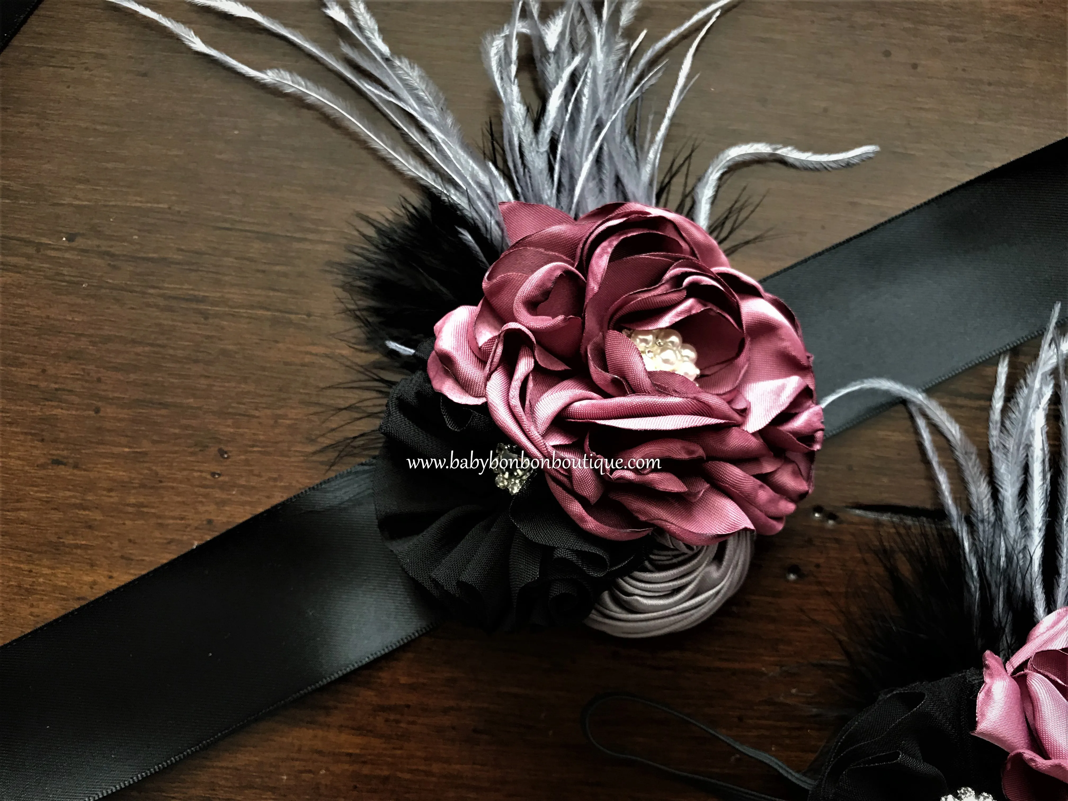 Black and Vintage Rose Baby Headband, Sash, and Barefoot Sandals