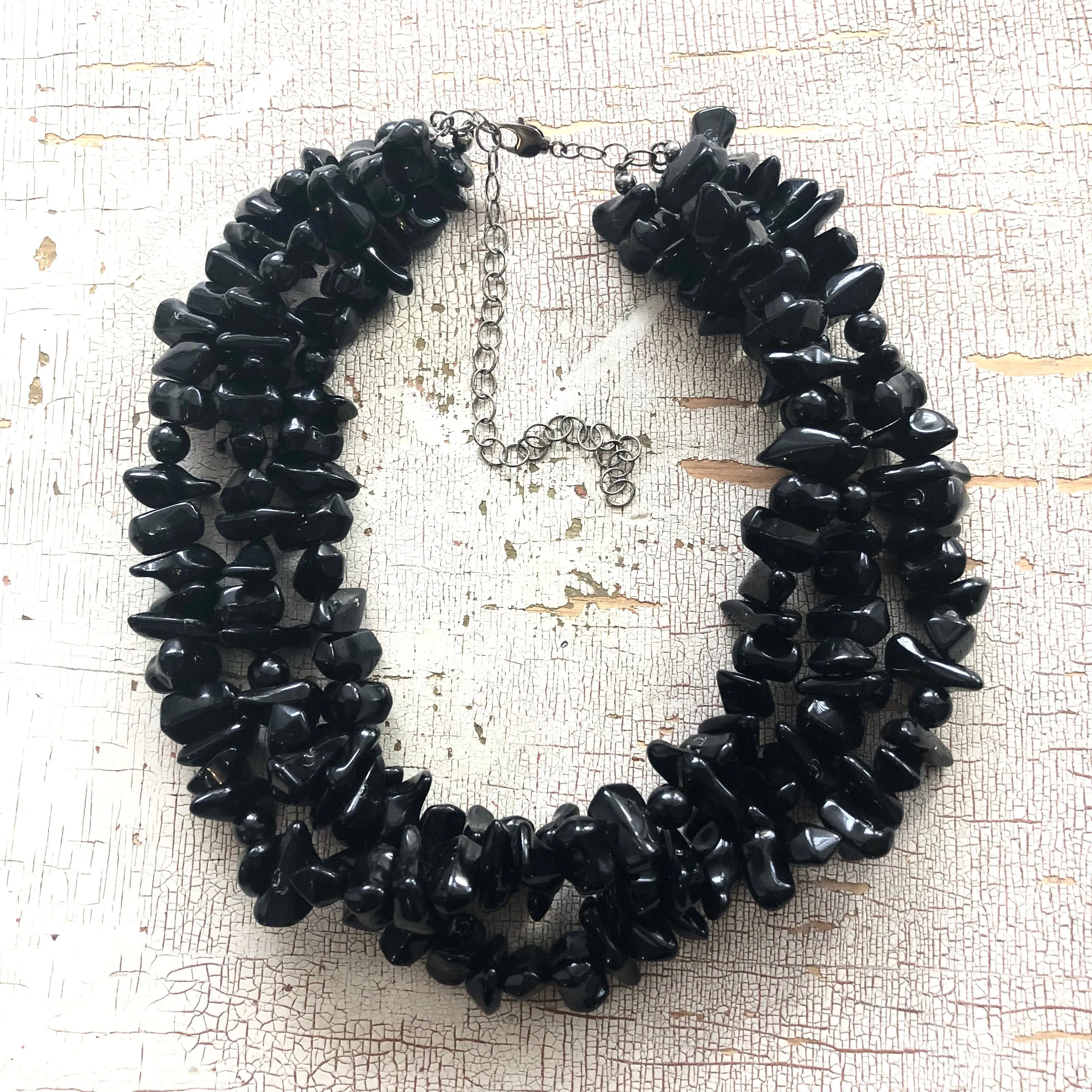 Black Beaded Chunky Chippy Vintage Lucite Morgan Statement Necklace