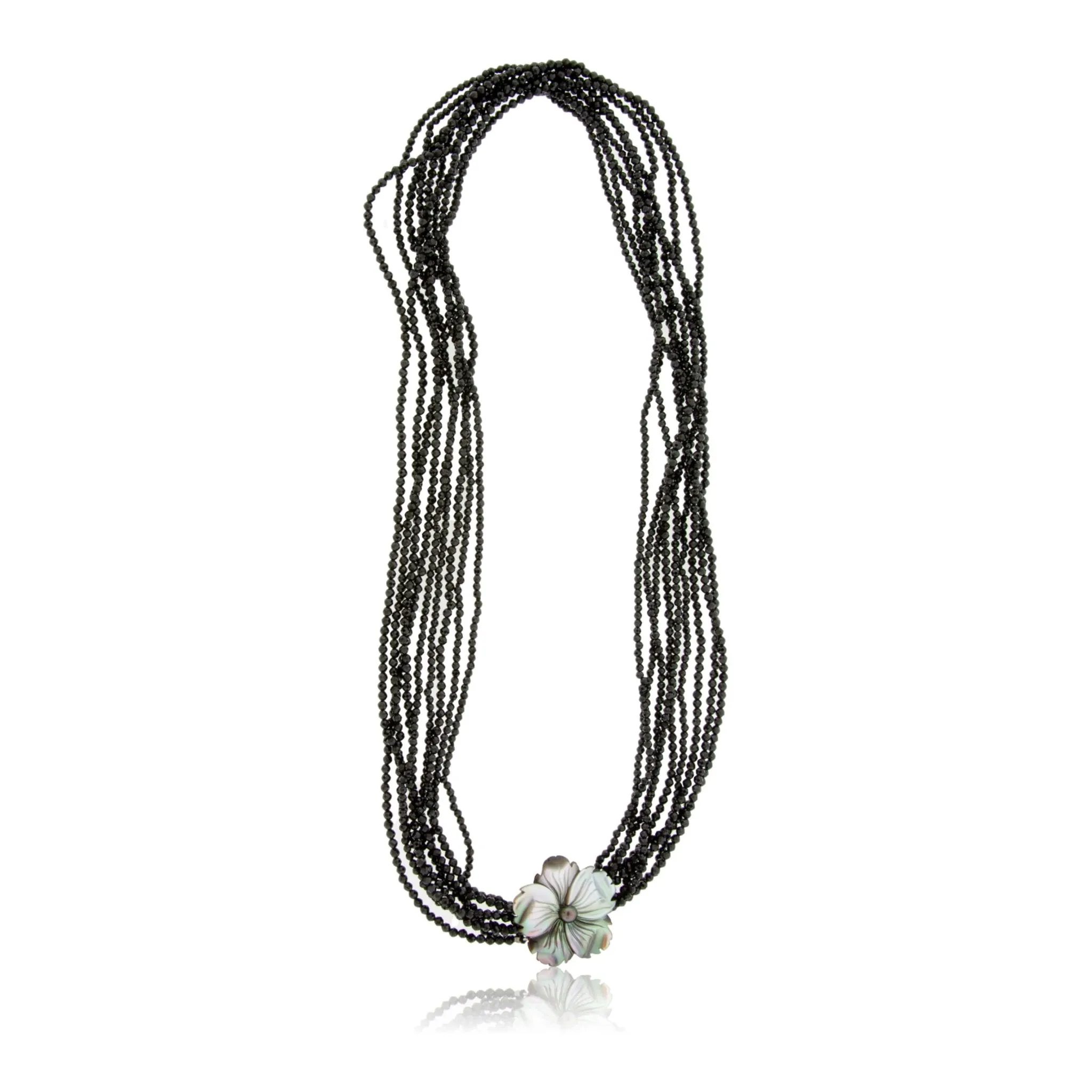 Black Spinel & Mother of Pearl Carved Flower Beaded Necklace