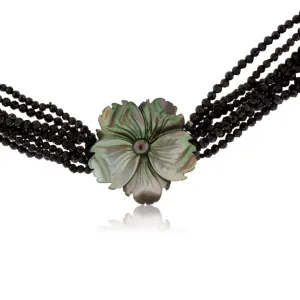 Black Spinel & Mother of Pearl Carved Flower Beaded Necklace