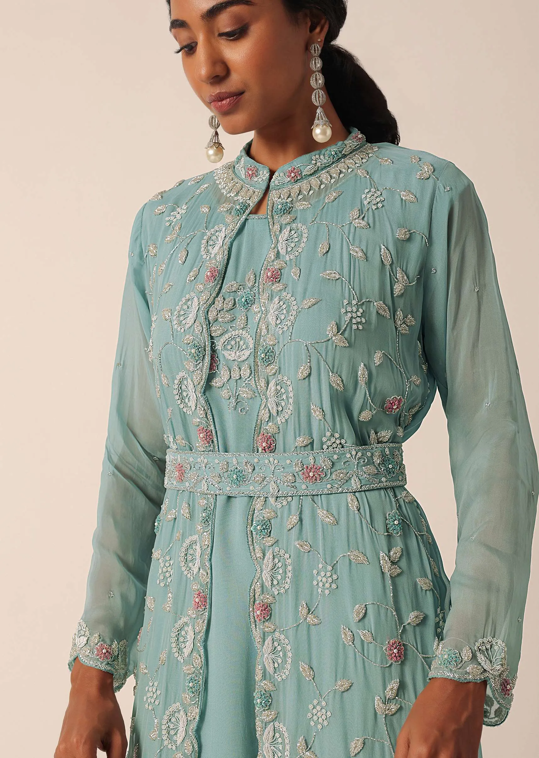 Blue Zari Embroidered Jacket And Kurti Set