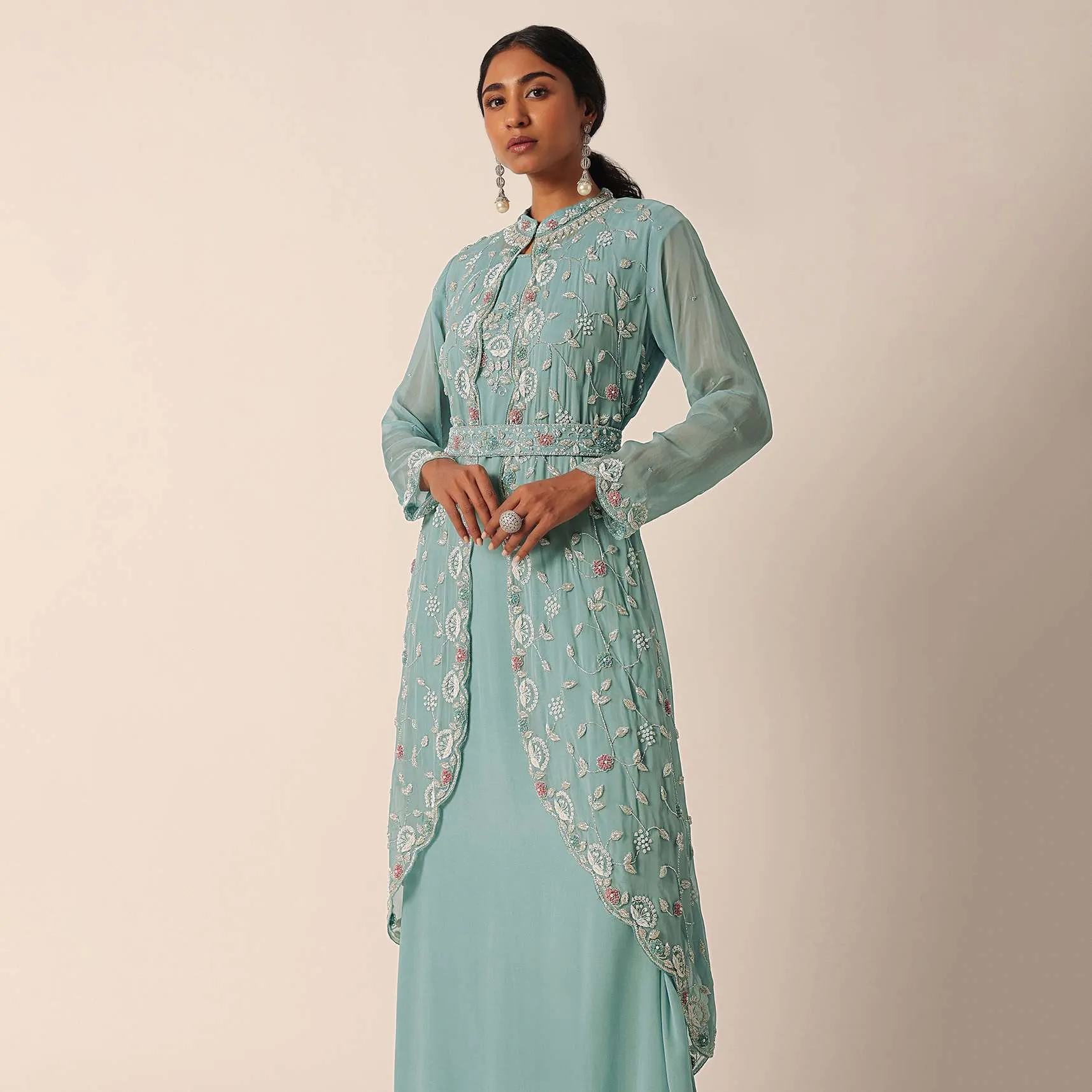 Blue Zari Embroidered Jacket And Kurti Set