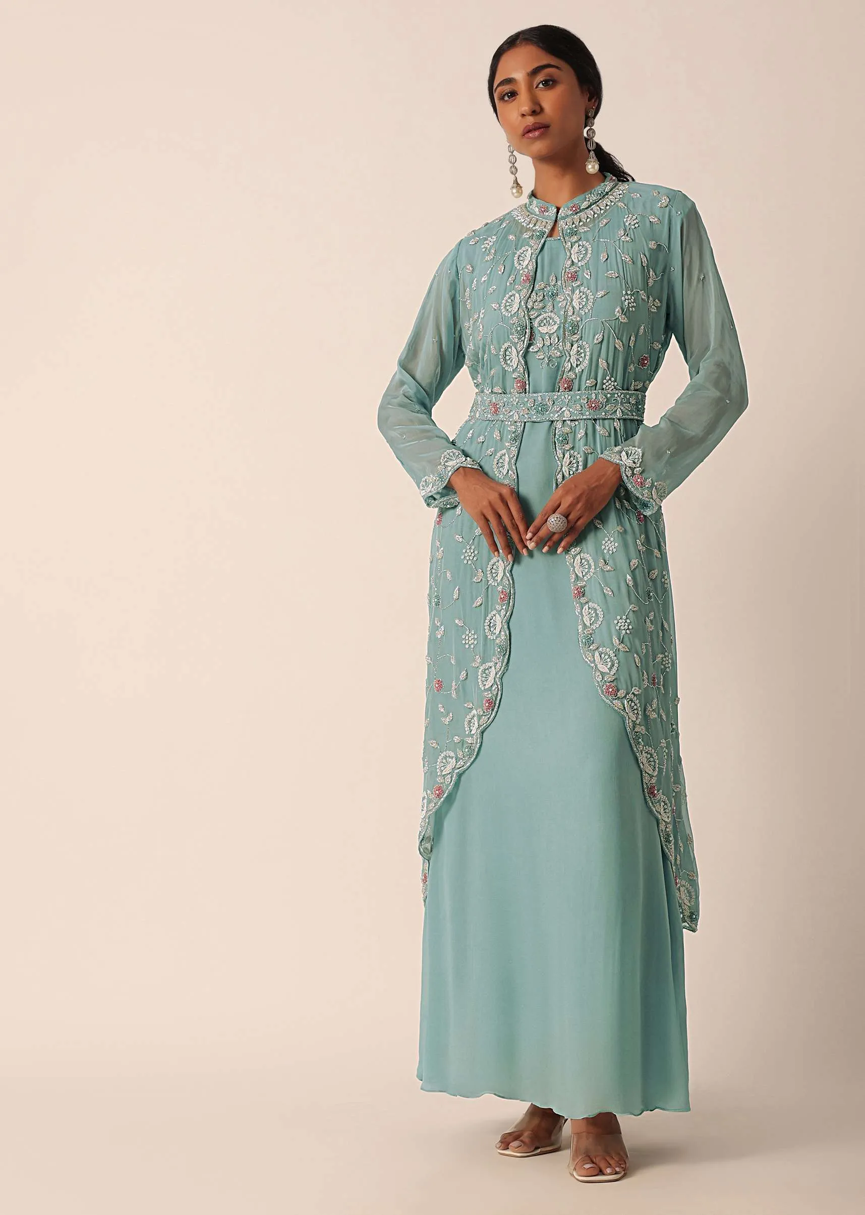 Blue Zari Embroidered Jacket And Kurti Set
