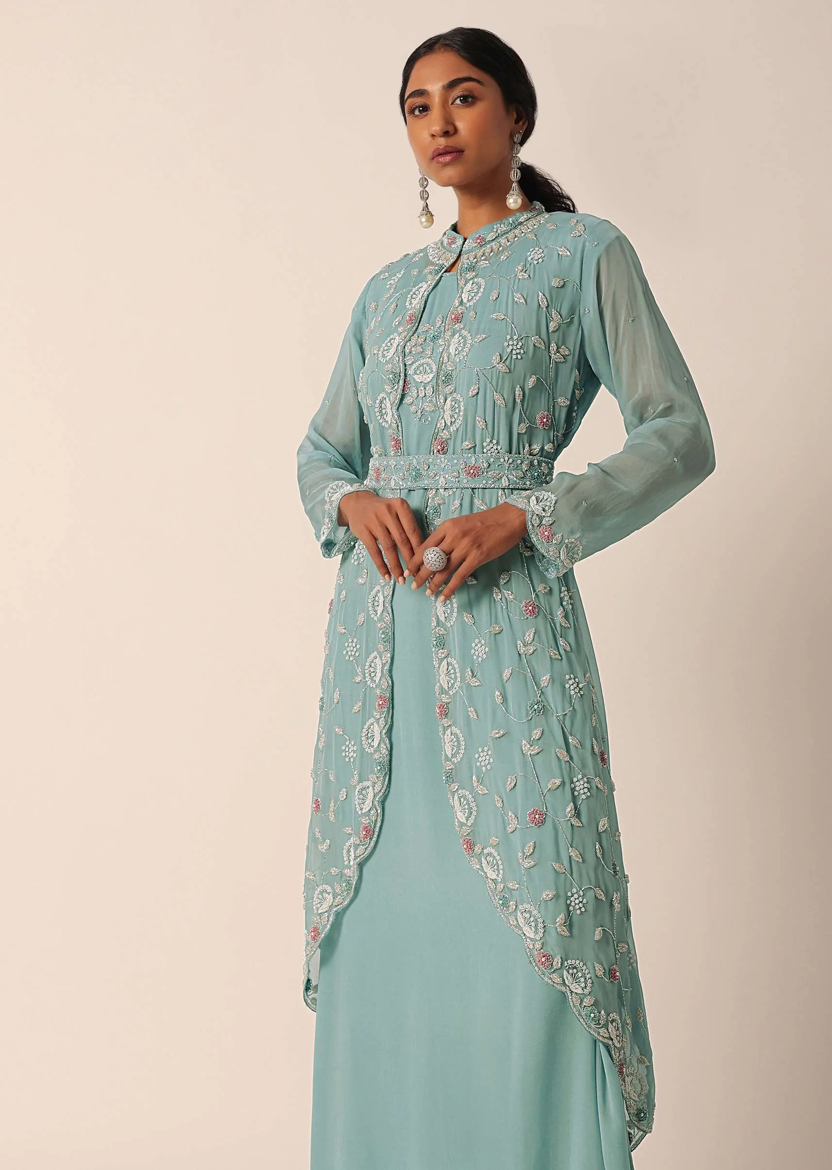 Blue Zari Embroidered Jacket And Kurti Set