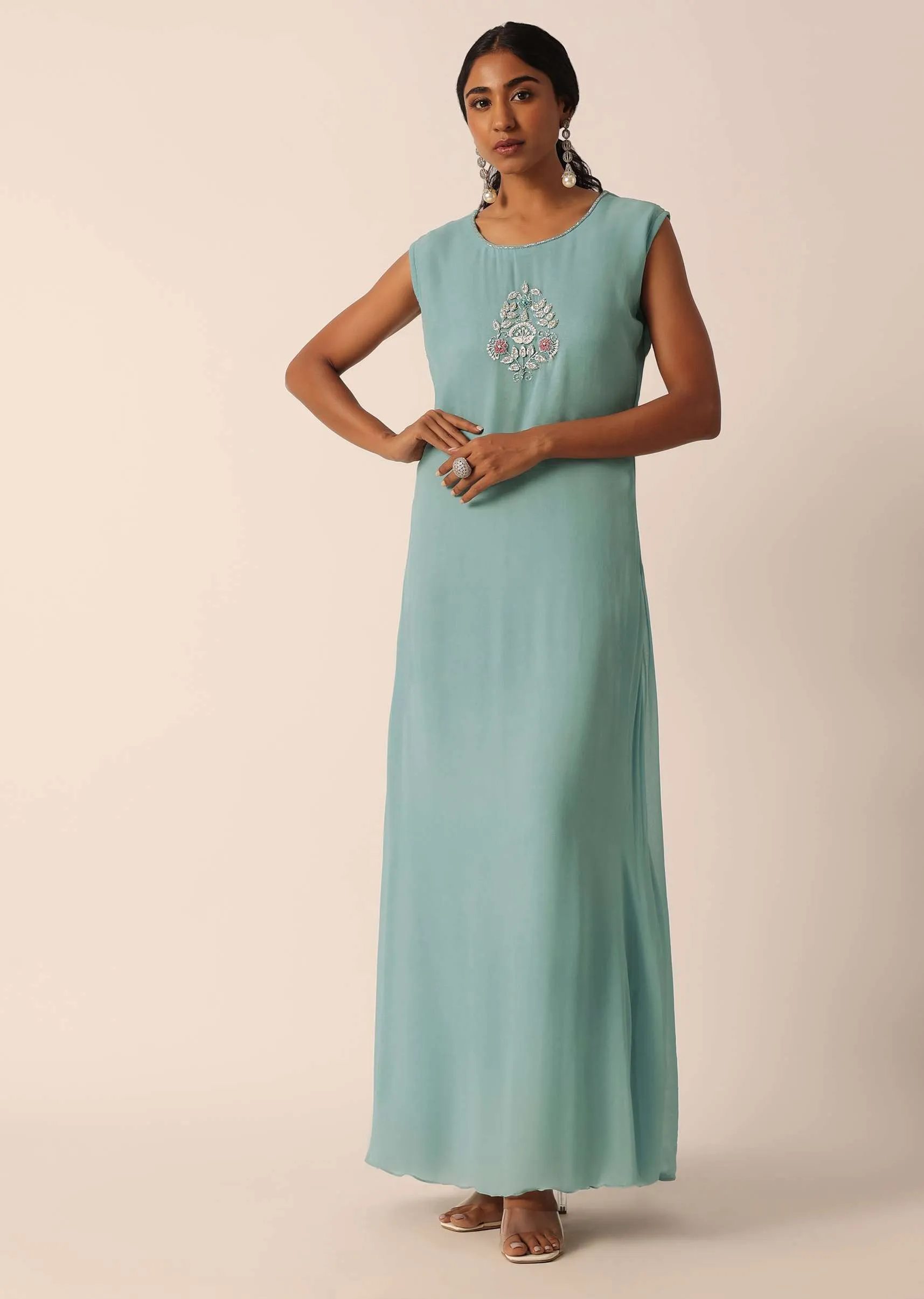 Blue Zari Embroidered Jacket And Kurti Set