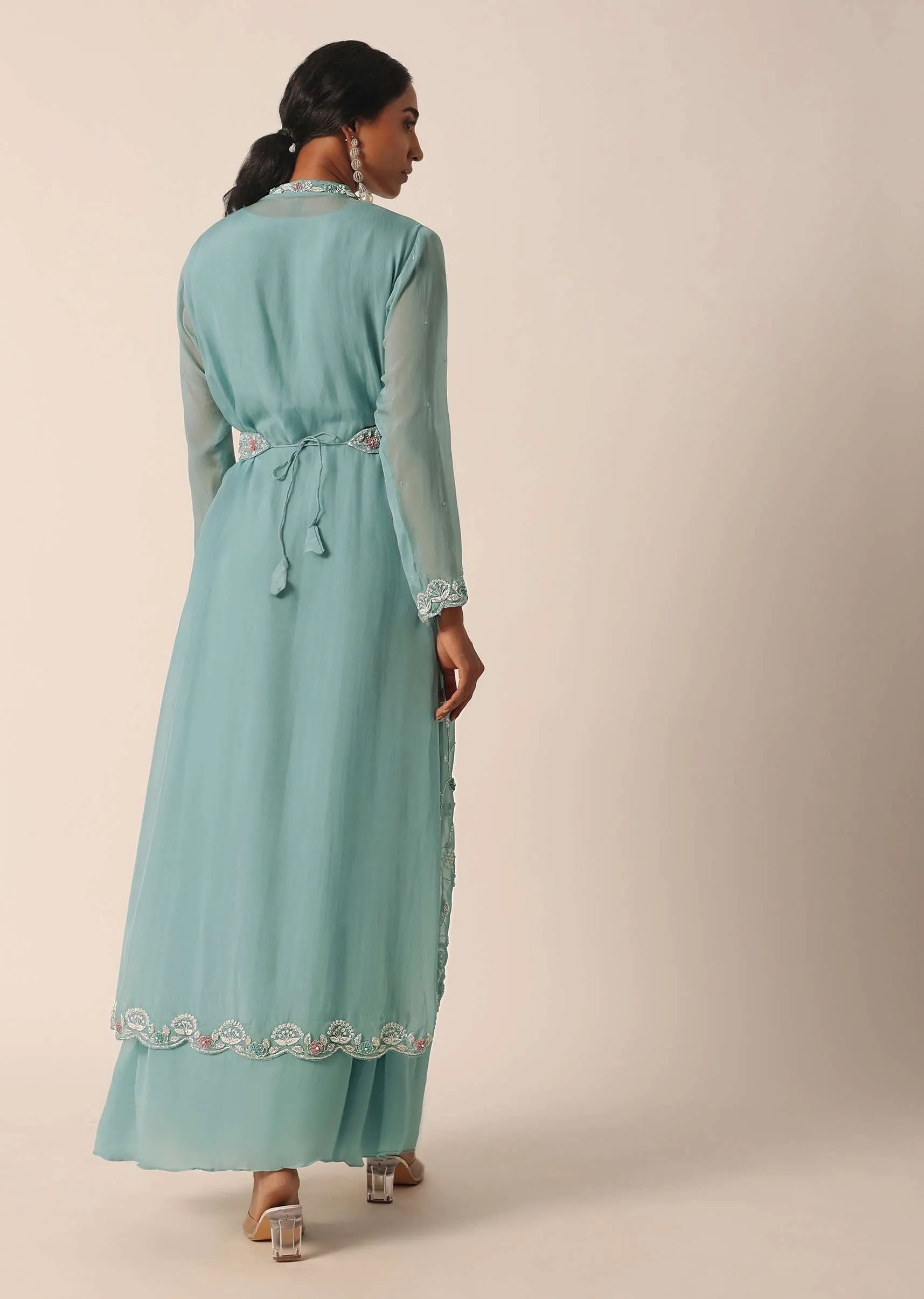 Blue Zari Embroidered Jacket And Kurti Set
