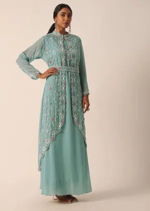 Blue Zari Embroidered Jacket And Kurti Set