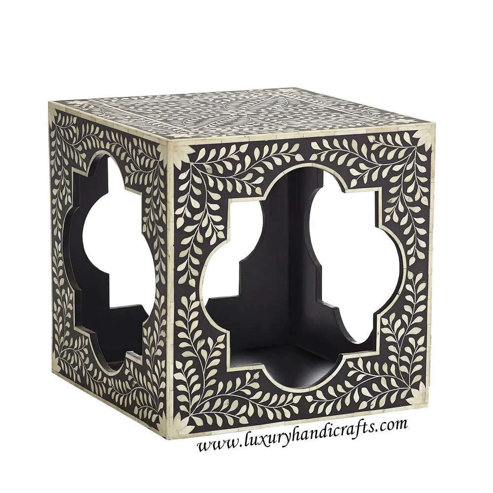 Bone Inlaid Quatrefoil Side Table Floral Design Black