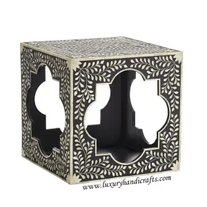 Bone Inlaid Quatrefoil Side Table Floral Design Black
