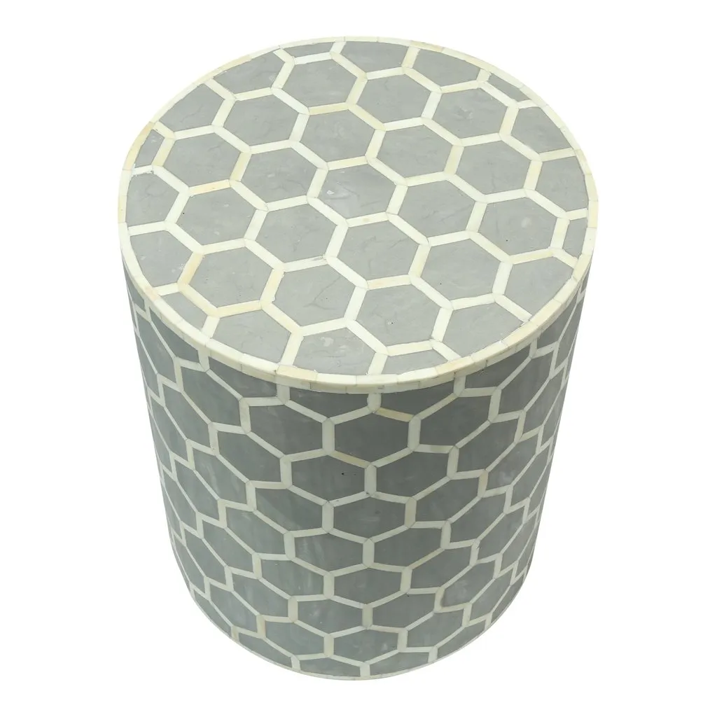 Bone Inlay Round Stool Honeycomb Design Grey