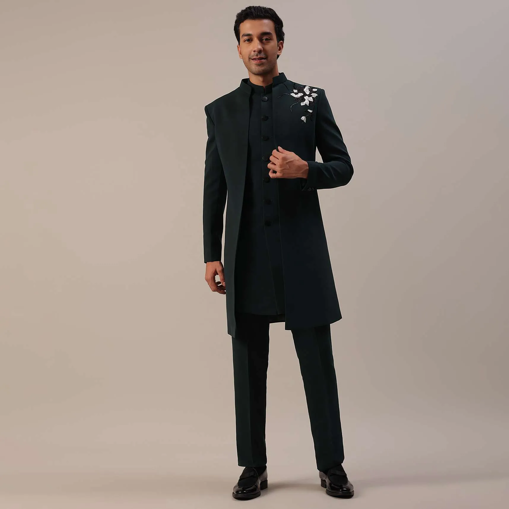 Bottle Green Embroidered Indowestern In Suiting Fabric