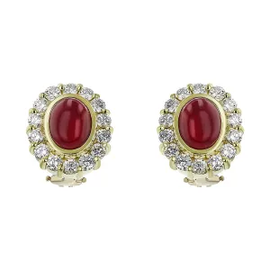 Cabochon Ruby Diamond Halo Earrings with Clip Backs