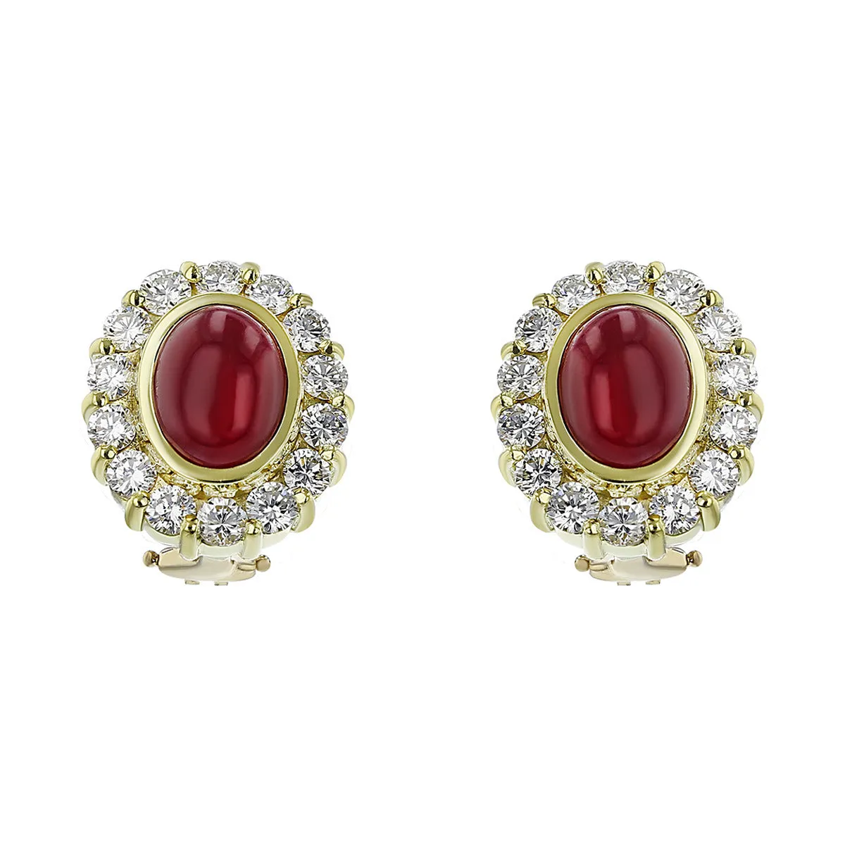 Cabochon Ruby Diamond Halo Earrings with Clip Backs