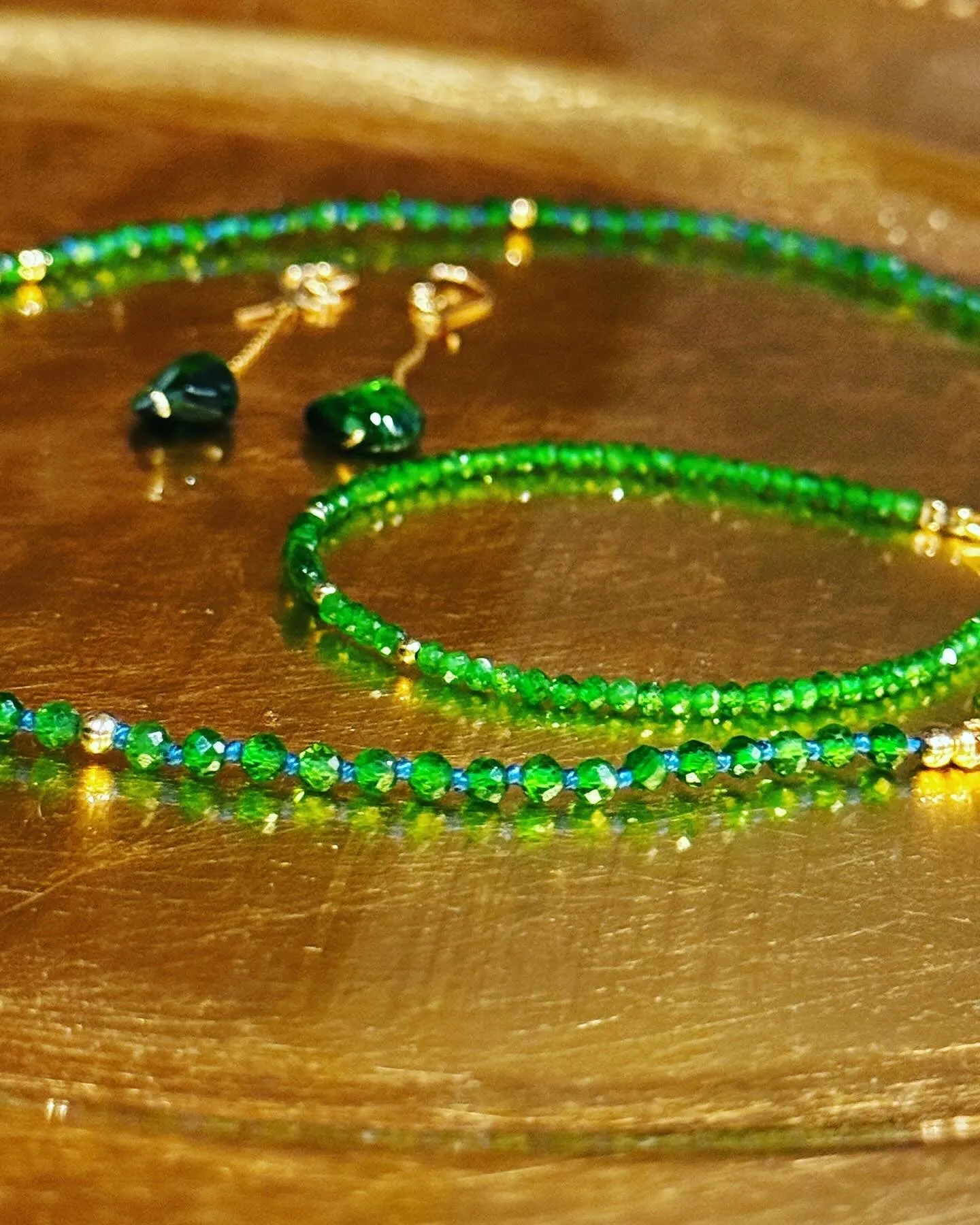 Chrome Diopside & Peridot Necklace Hand Knotted on Blue Silk