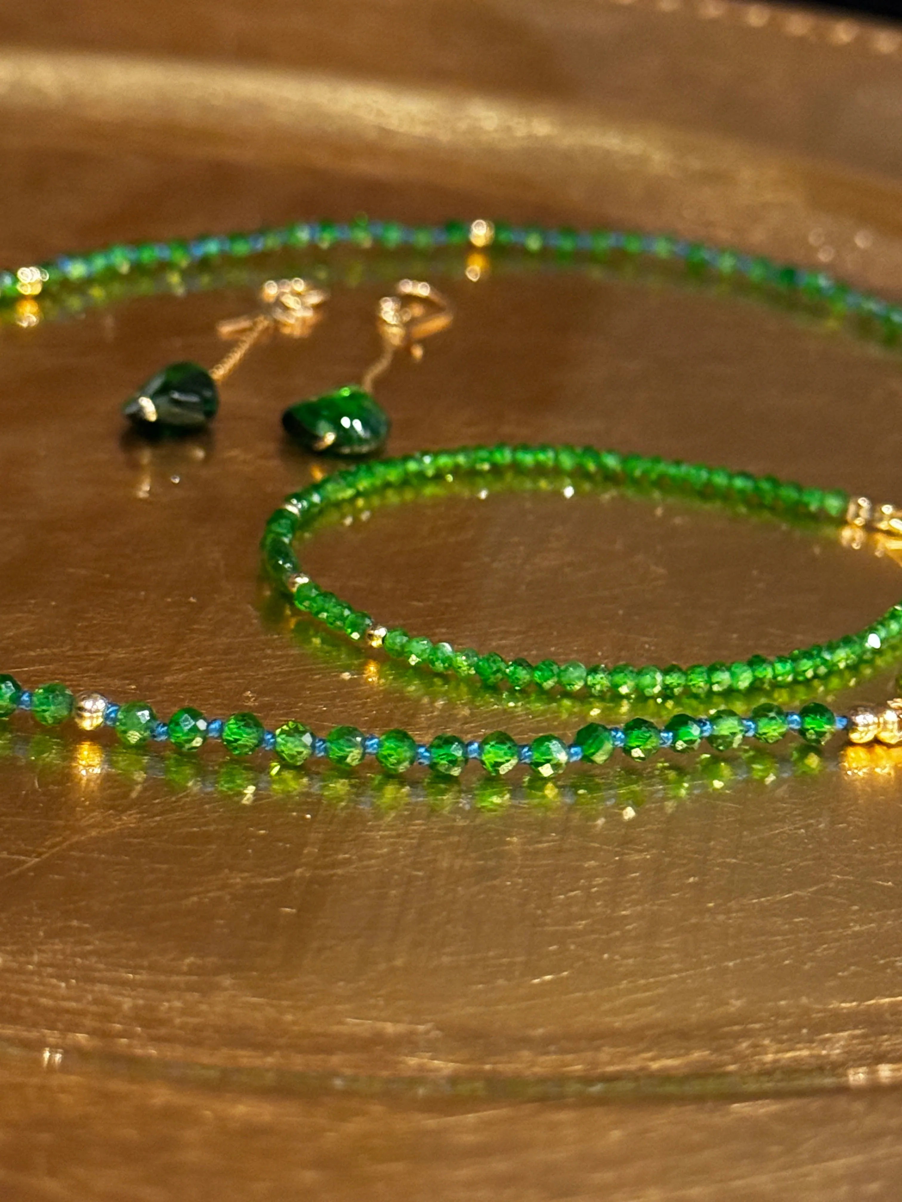 Chrome Diopside & Peridot Necklace Hand Knotted on Blue Silk