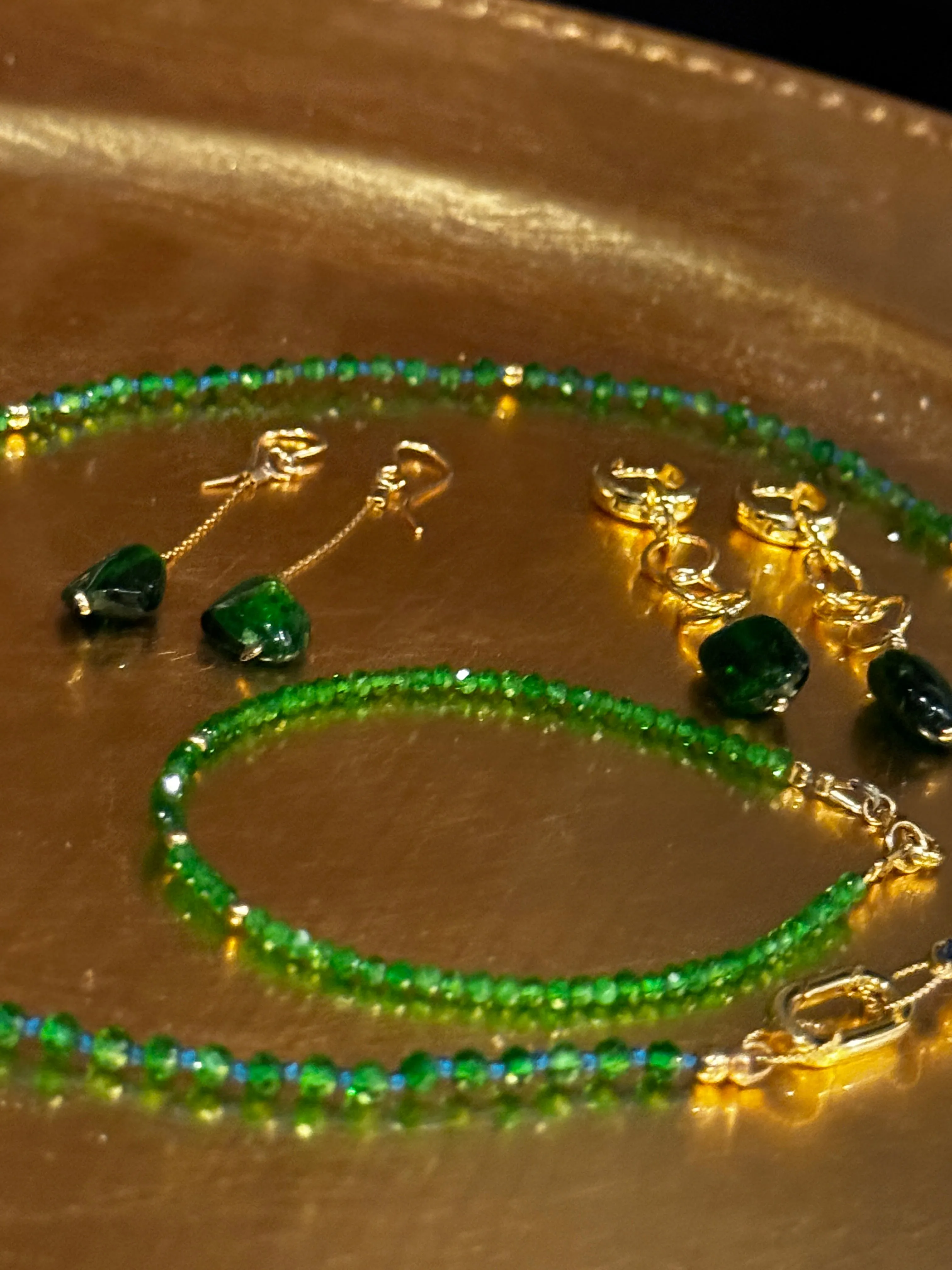 Chrome Diopside & Peridot Necklace Hand Knotted on Blue Silk