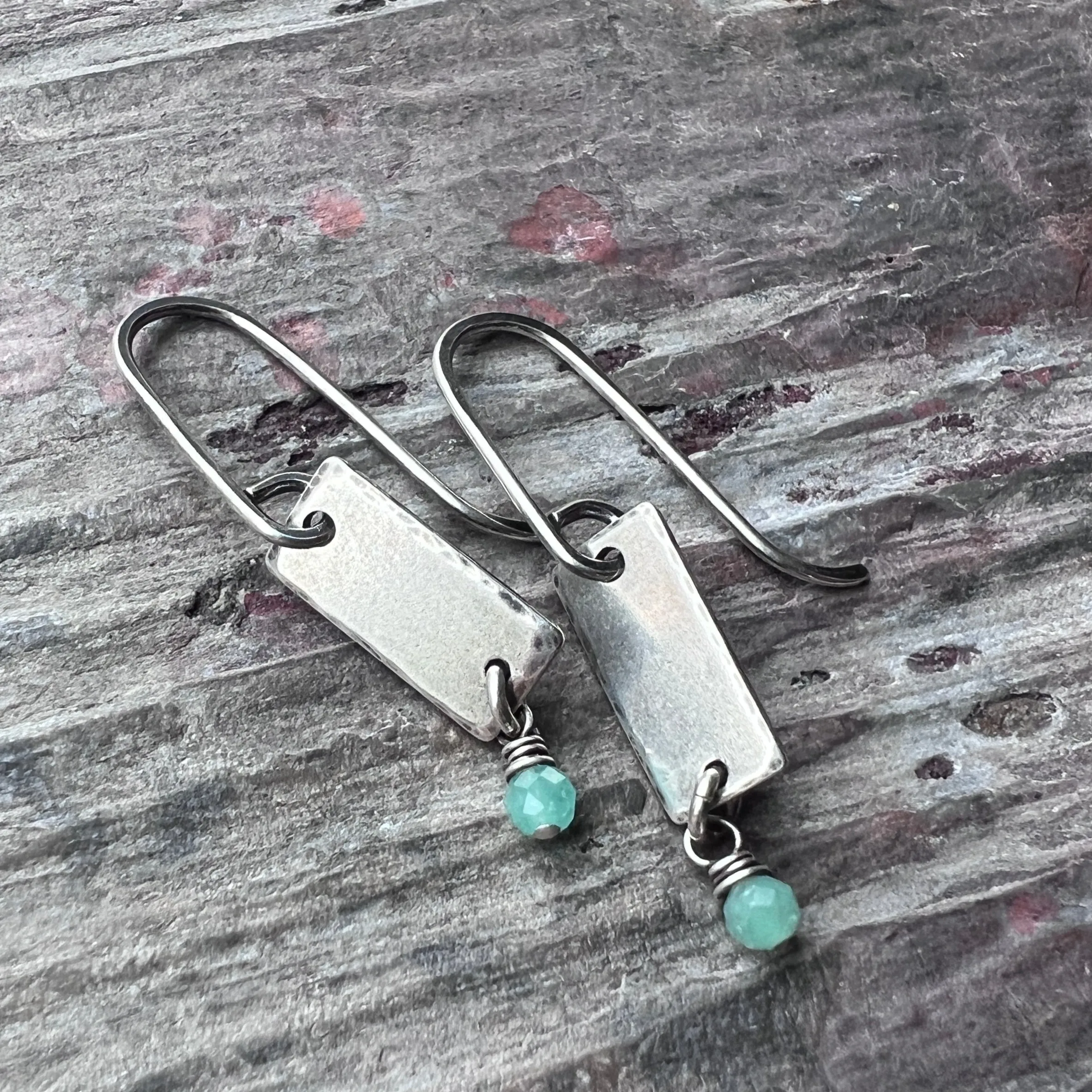 Customizable Sterling Silver Birthstone Earrings | Tiny Genuine Gemstone on Small Silver Bar Dangle Earrings