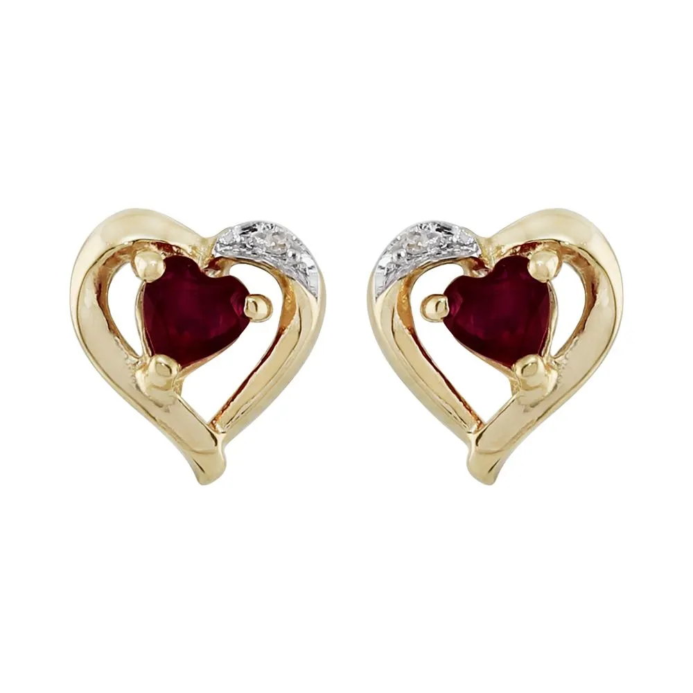 Damen 375 Gold 9ct Gelbgold Herz Granat Klassisch Herz Ohrstecker mit Diamant
