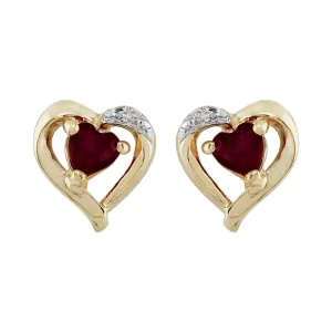 Damen 375 Gold 9ct Gelbgold Herz Granat Klassisch Herz Ohrstecker mit Diamant