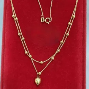 Double Strand Dangling Heart Necklace 18k Gold