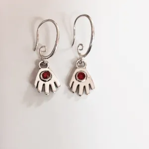 Earrings hand shaped/hand therapy jewelry/ little hands with ruby red Swarovski crystal center