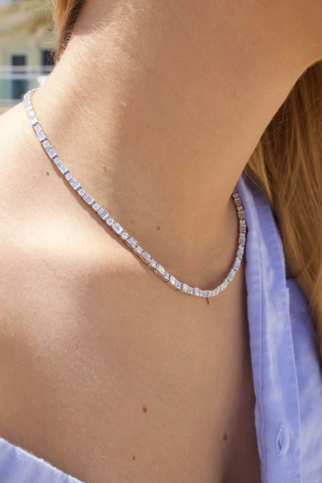 Emerald Cut & Round Diamond Tennis Necklace