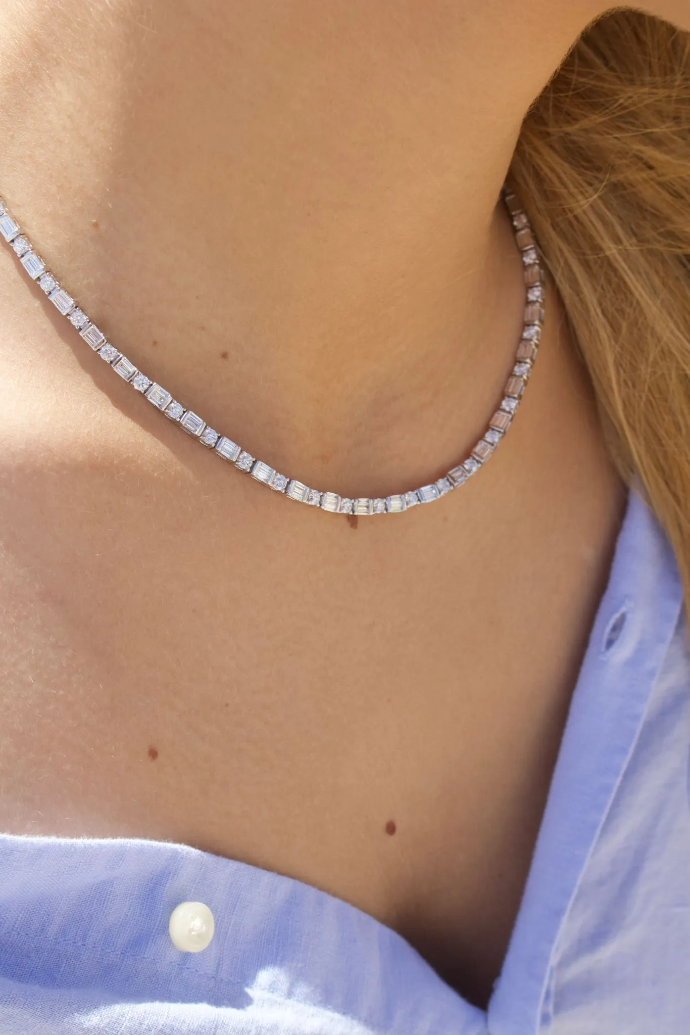 Emerald Cut & Round Diamond Tennis Necklace