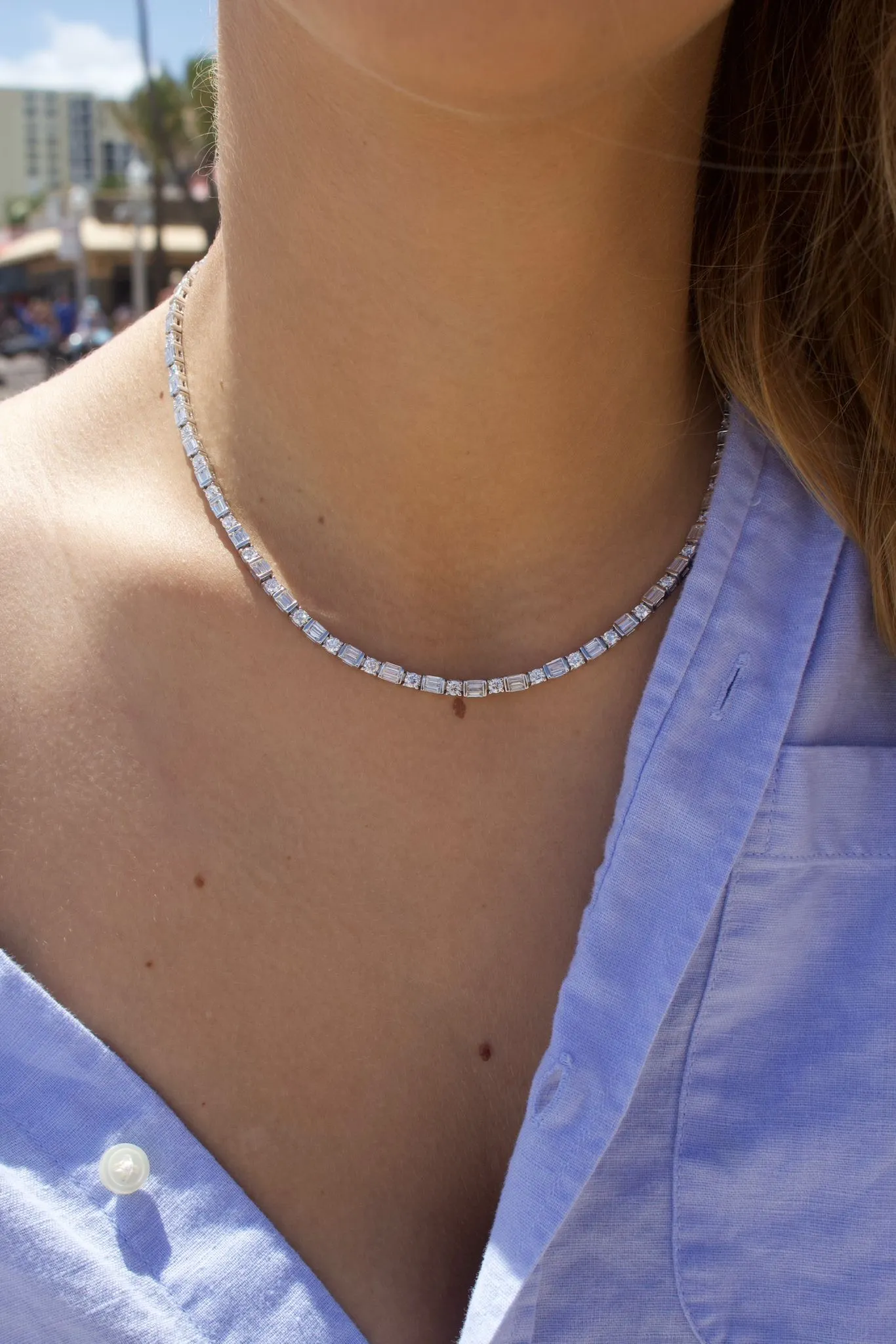 Emerald Cut & Round Diamond Tennis Necklace