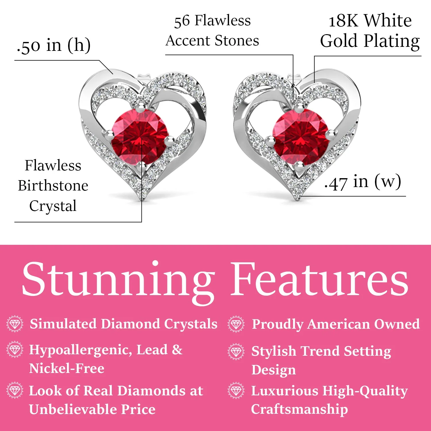 Forever July Birthstone Ruby Earrings, 18k White Gold Plated Silver Double Heart Crystal Earrings
