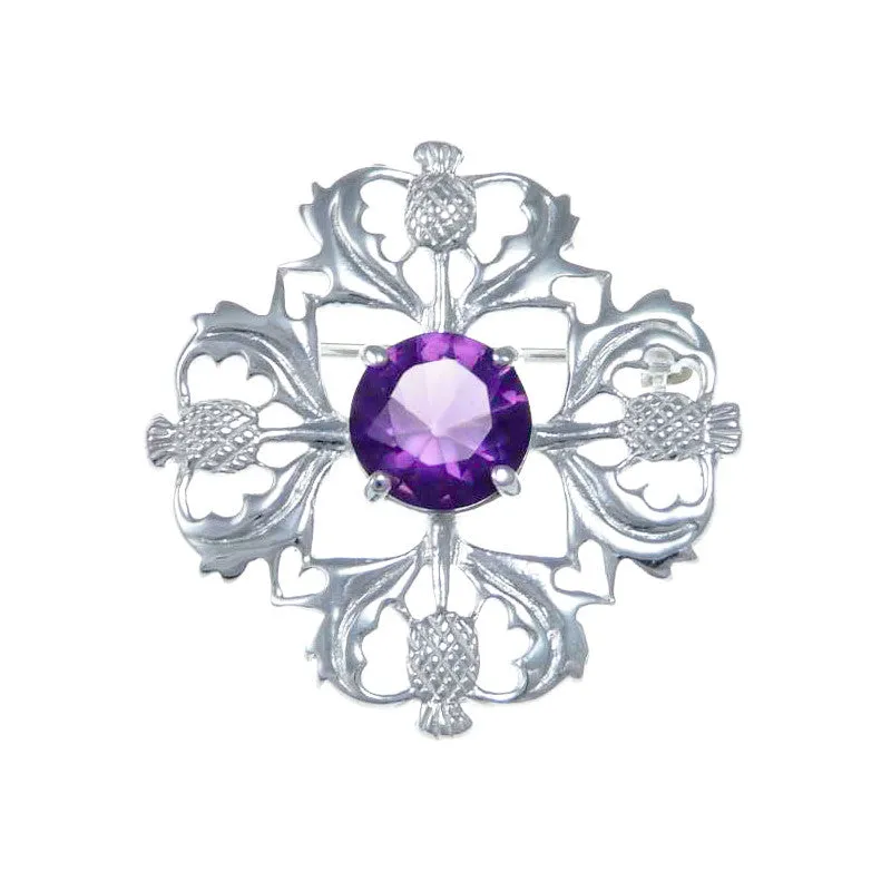 Four Thistle Brooch in Sterling Silver with Amethyst