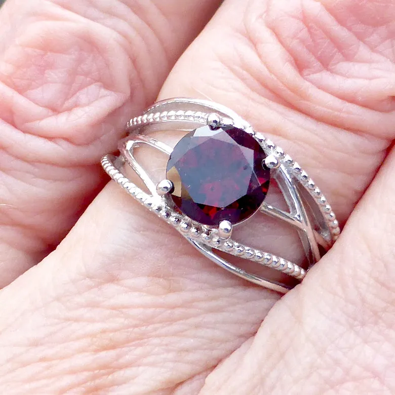 Garnet Ring, Faceted Round, 925 Silver