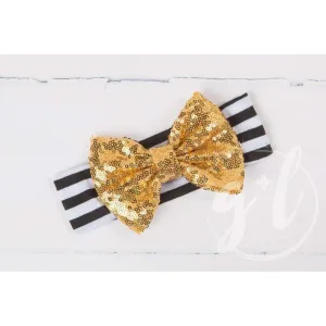 Gold Sequined Bow on Black & White Striped Headband