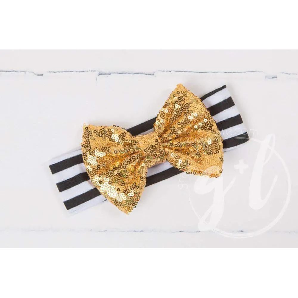 Gold Sequined Bow on Black & White Striped Headband