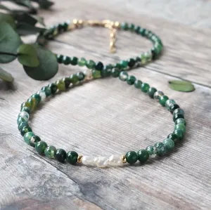 Green Moss Agate and Freshwater Pearl Choker Necklace - June Birthstone