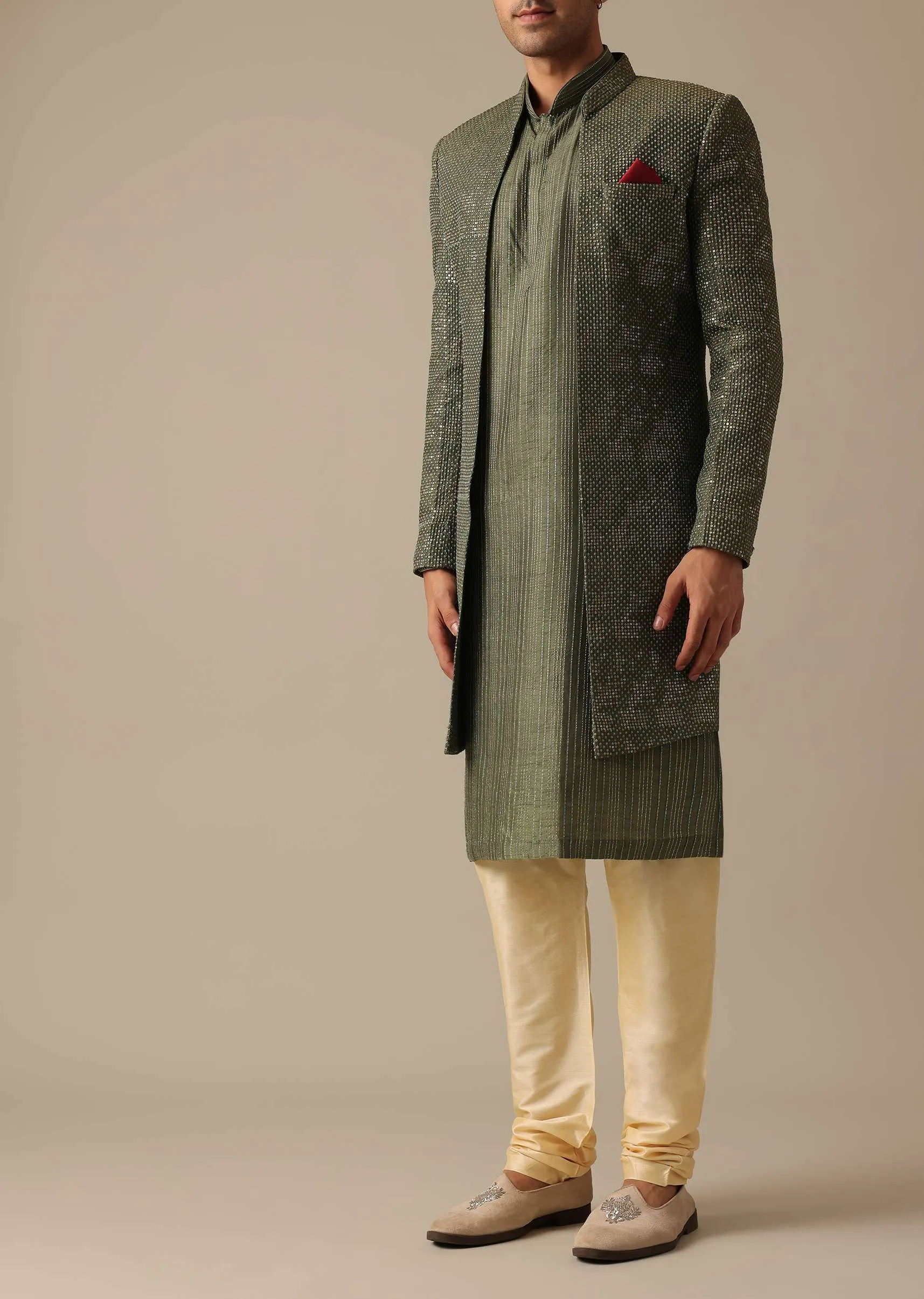 Green Sherwani And Kurta Set In Dupion Silk