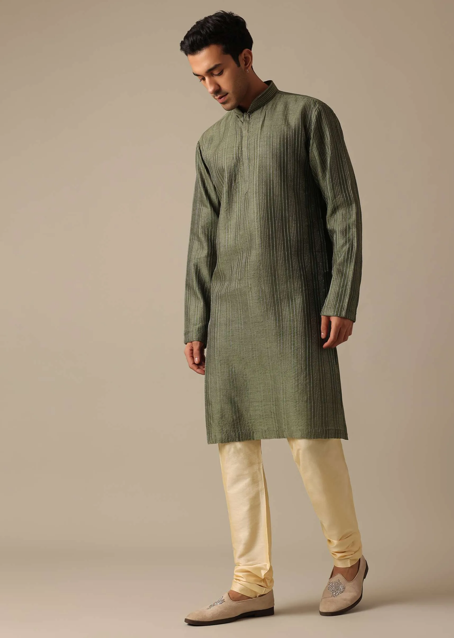 Green Sherwani And Kurta Set In Dupion Silk