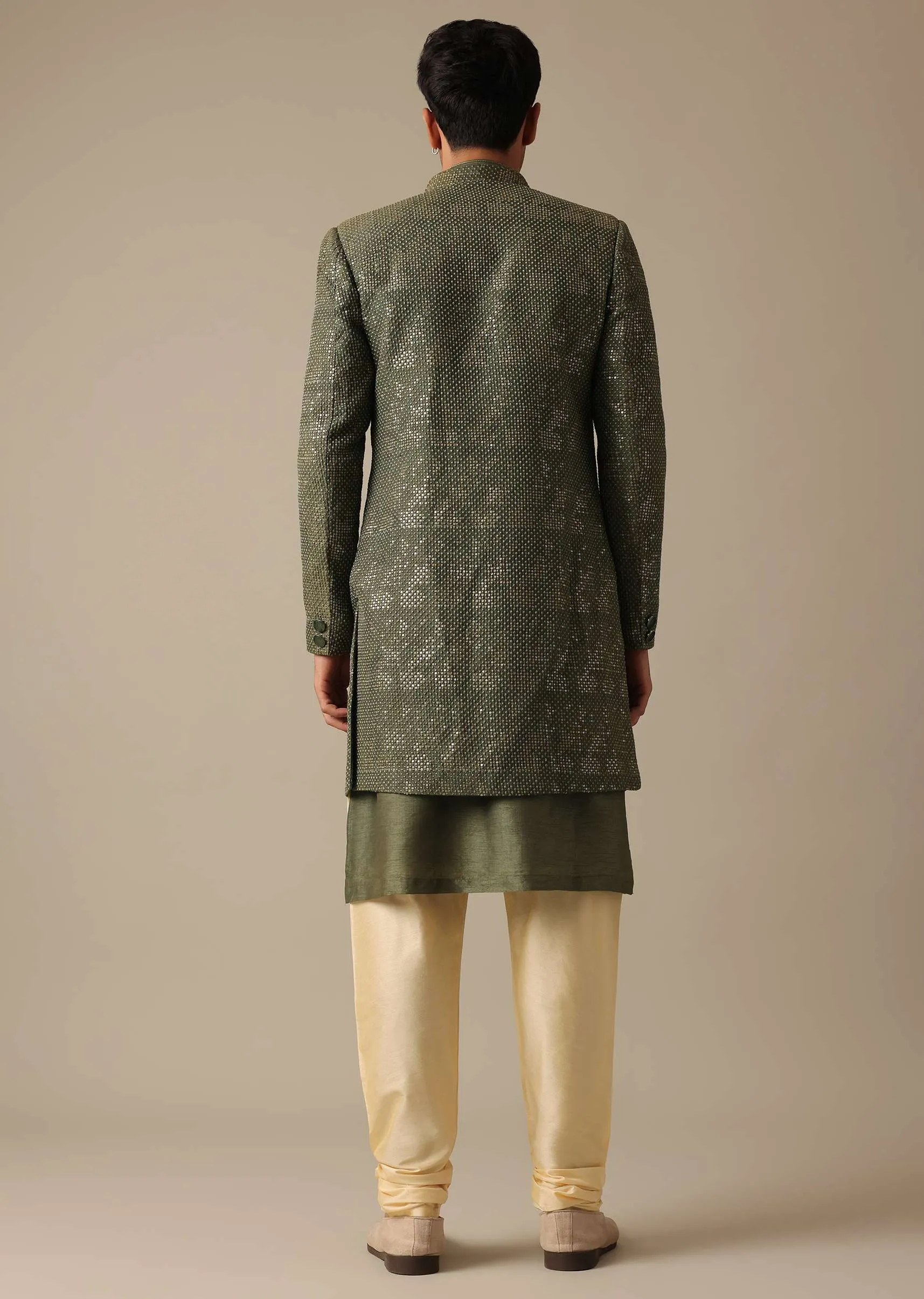 Green Sherwani And Kurta Set In Dupion Silk