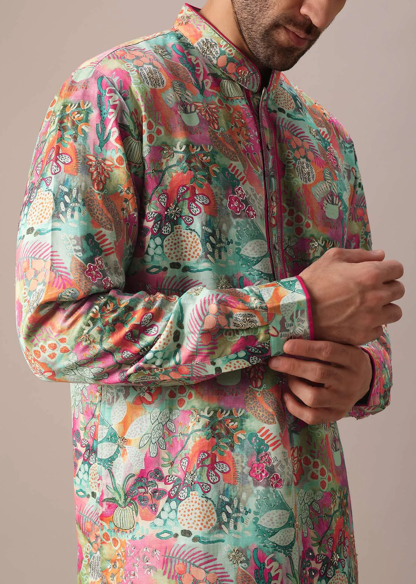 Green Silk Kurta And Churidar Set With Floral Prints