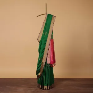 Green Silk Saree With Contrast Weave Pallu And Unstitched Blouse Piece