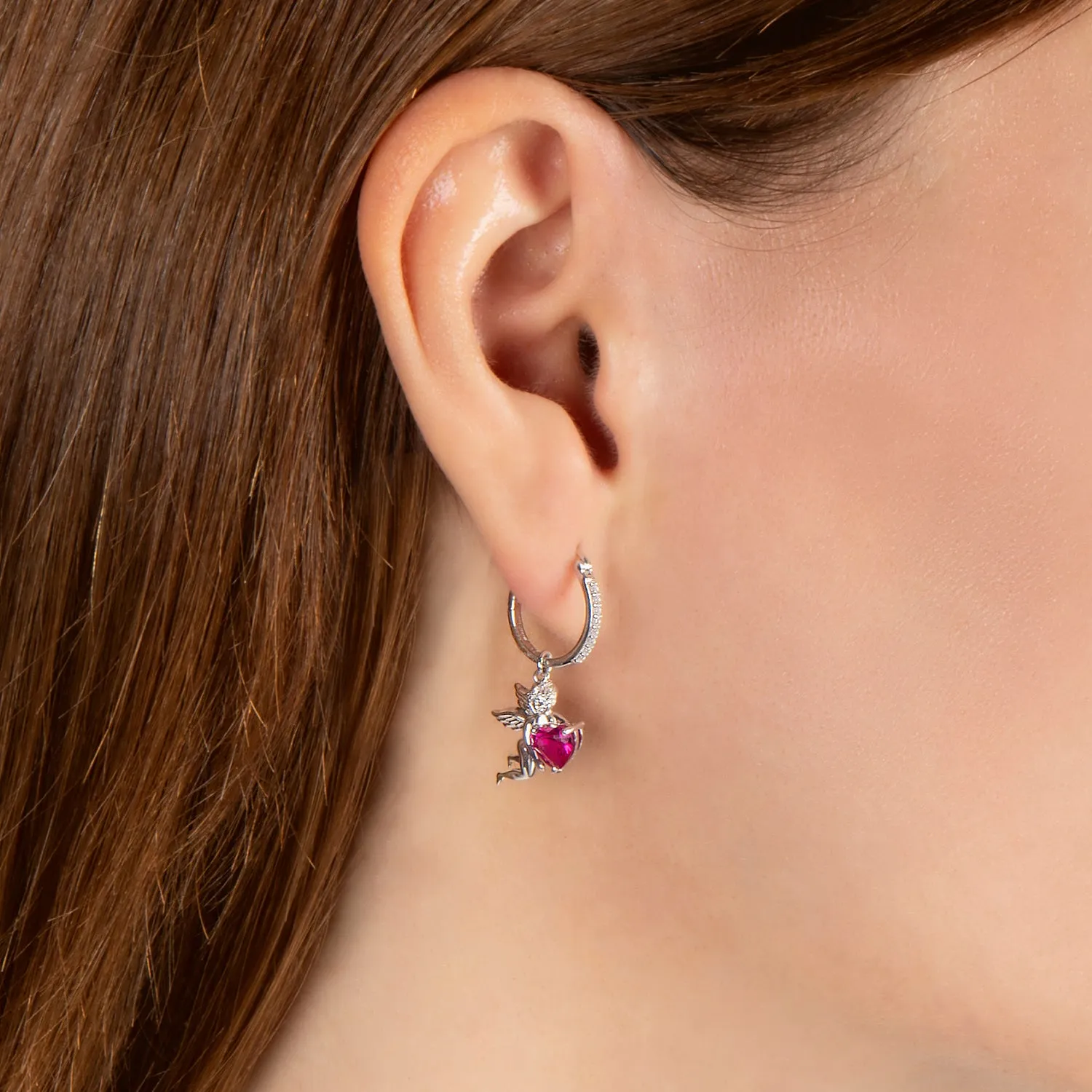 Hallmark Fine Jewelry Cupid’s Love Earrings in Sterling Silver with Diamond & Created Ruby
