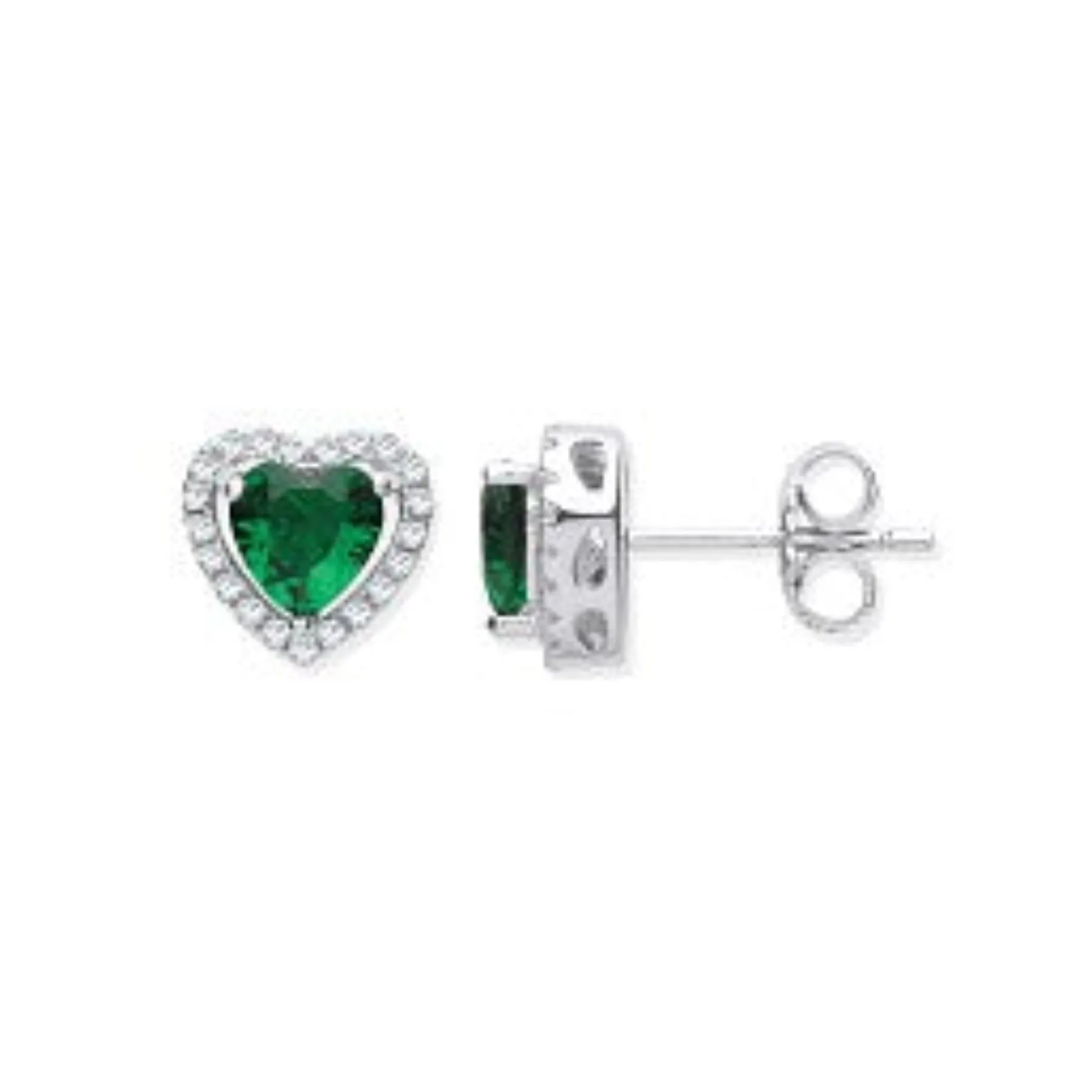 Halo Heart Stud Emerald CZ Earrings - Sterling Silver