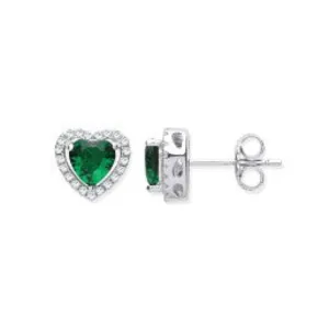 Halo Heart Stud Emerald CZ Earrings - Sterling Silver