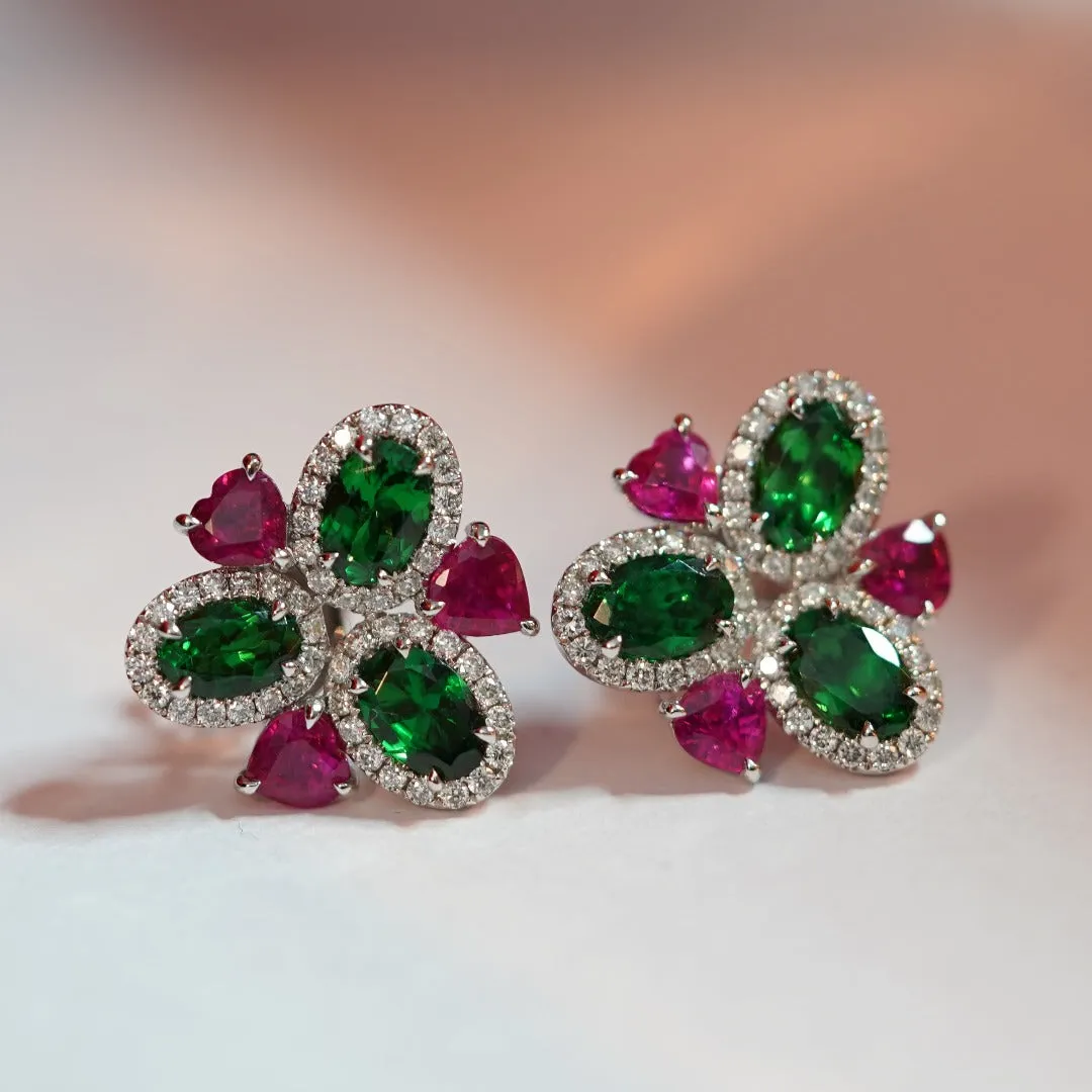 INFINITY - 18K White Gold Ruby and Tsavorite Diamond Earring