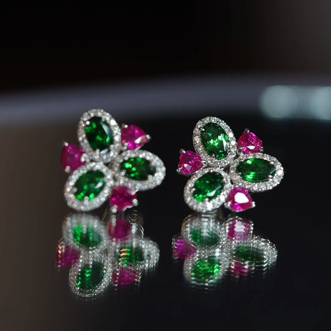 INFINITY - 18K White Gold Ruby and Tsavorite Diamond Earring