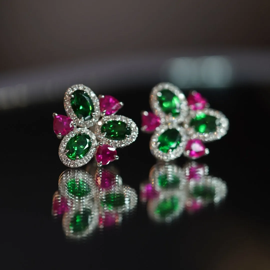 INFINITY - 18K White Gold Ruby and Tsavorite Diamond Earring