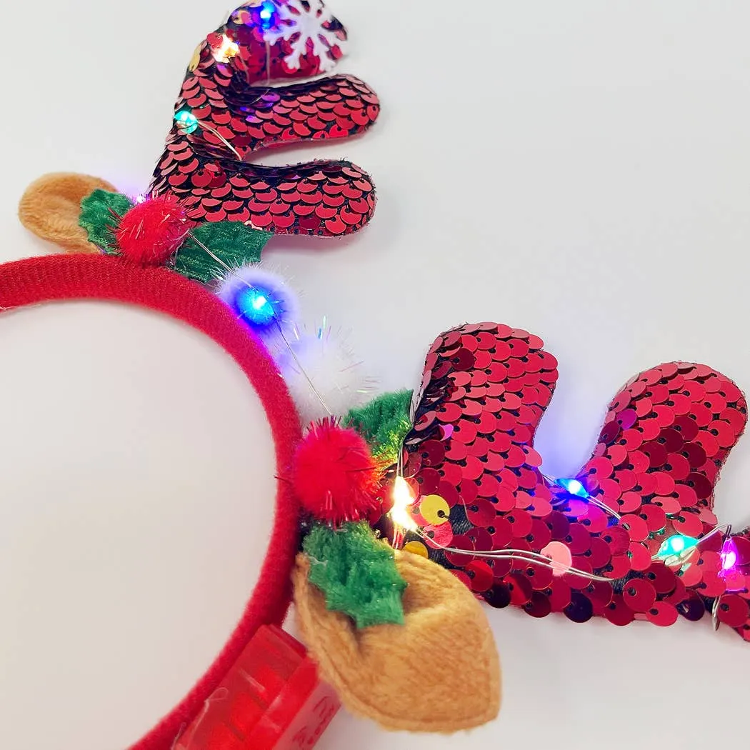 Light-Up Christmas Reindeer Pom Pom Headband
