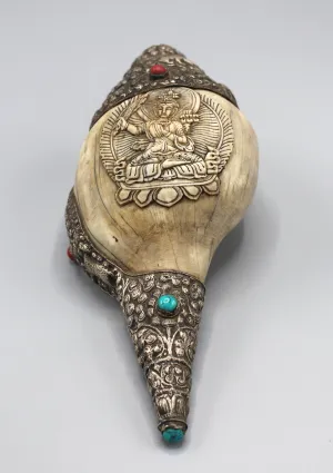 Manjushree Carving Tibetan Conch Shell Turquoise and Coral Inlaid