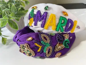 Mardi Gras Pearl Sequin Fleur de Lis Knot Burnout Headband Wide Boho Headband Colorful Headband Mardi Gras Headband Fleur de Lis Headband