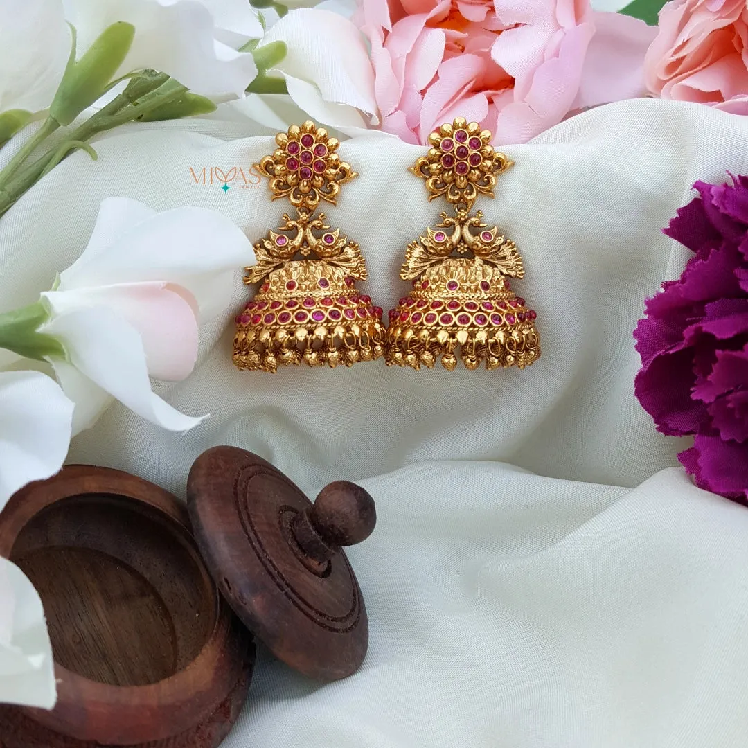 Matt Finish Peacock Jhumka - Ruby